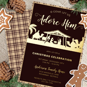 Braun & Gold Weihnachtsfeier mit religiöser Krippe Folieneinladung