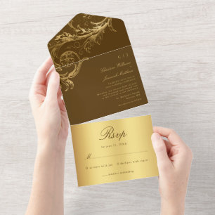 Braun-goldene Damast-Hochzeit mit Kalligrafie All In One Einladung