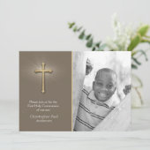 Braun, Goldkreuz, religiöses Foto Einladung (Stehend Vorderseite)