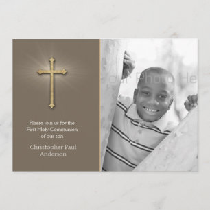 Braun, Goldkreuz, religiöses Foto Einladung