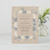 Braun-graue Pfingstrosen-Hochzeit Einladung (Stehend Vorderseite)