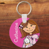 Braun-Haar-Mädchen mit weißem, sonnigen Rosa Schlüsselanhänger (Vorderseite)