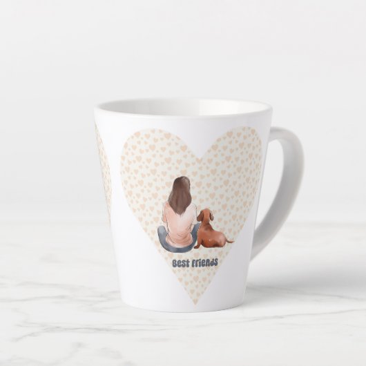 Braun Haar Mädchen sitzend mit ihrem Dackel Hund Milchtasse (Rechte Ecke)