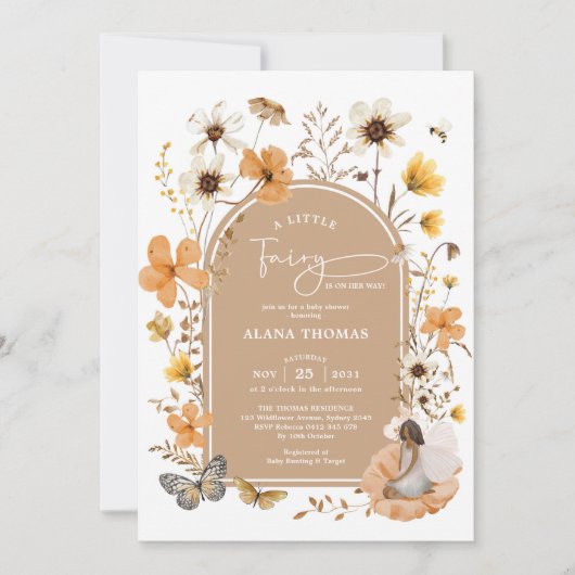 Braun Hautfairy Fall Wildblume Babydusche Einladung (Vorderseite)