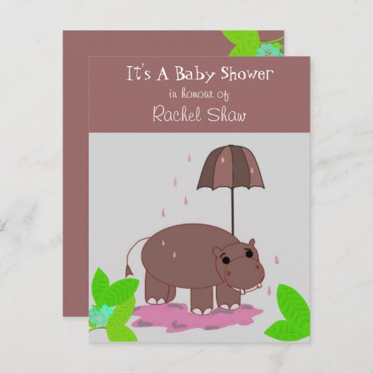 Braun Hippopotamus Kinderdusche Einladung (Vorne/Hinten)