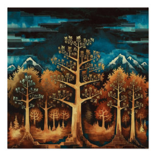 Braun Hirsch verzaubern im Fraktal-Wald Wasserfarb Poster