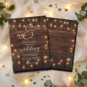 Braun-Holz-Rustikal-String-Lights Hochzeit Einladung
