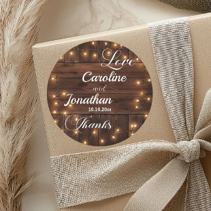 Braun-Holz-Rustikal-String-Lights Hochzeit Runder Aufkleber