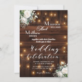 Braun Holz String Lights White Roses Wedding Einladung (Vorderseite)