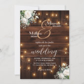 Braun Holz String Lights White Roses Wedding Einladung (Vorderseite)