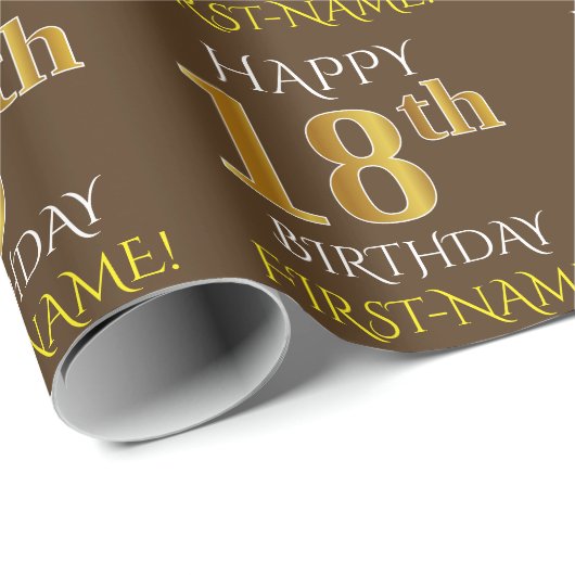 Braun, Imitate Gold "HAPPY 18. BIRTHDAY" Geschenkpapier (Rolleneckpunkt)