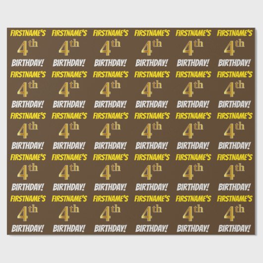 Braun, Imitate/Nachahmgold, "4. BIRTHTAG" Geschenkpapier (Flach)