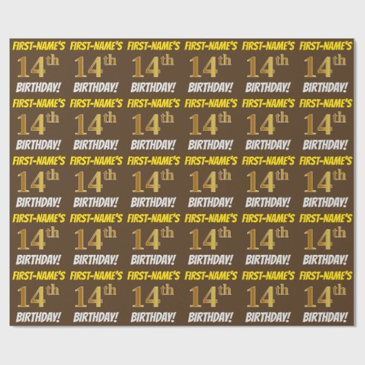 Braun, Imitate/Nachahmungs-Gold, "14. BIRTHTAG" Geschenkpapier (Flach)