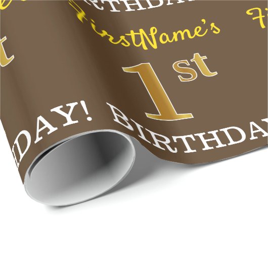 Braun, Imitation Gold Look "1. BIRTHDAY" Geschenkpapier (Rolleneckpunkt)