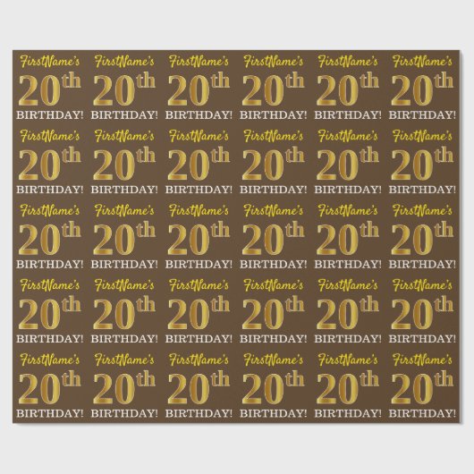 Braun, Imitation Gold Look "20. GEBURTSTAG" Geschenkpapier (Flach)