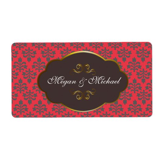 Braun in Red Damask Hochzeitslabel (Vorne)