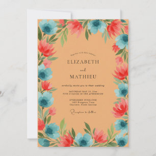 Braun Korallen Azurblaue Wildblumen-Hochzeit Einladung