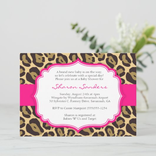 Braun Leopard & Hot Pink Baby Dusche Einladungen (Stehend Vorderseite)
