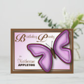 Braun Lila Butterfly Geburtstagsparty Einladungen (Stehend Vorderseite)