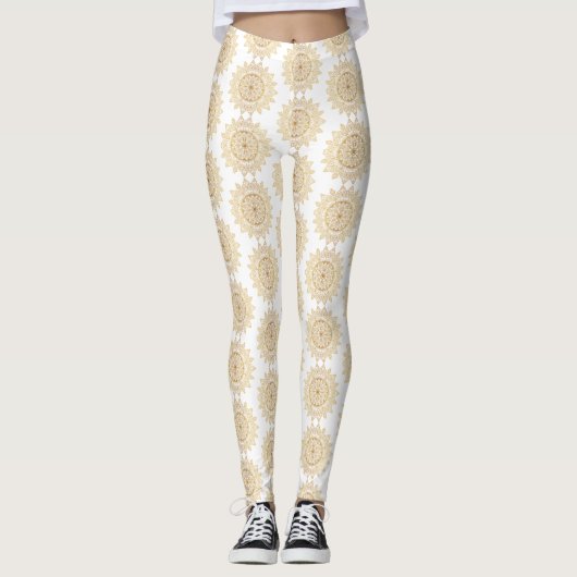 Braun Mandala Muster auf weißem Hintergrund Elegan Leggings (Vorderseite)