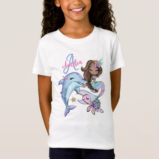 Braun Mermaid Custom Kids Name Pink Girl T-Shirt (Vorderseite)