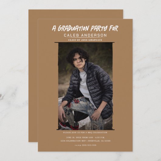 Braun-Minimal-Foto-Graduierungsparty Einladung (Vorne/Hinten)