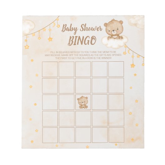 Braun Niedlich Bear Baby Dusche Bingo Notizblock (Vorderseite)