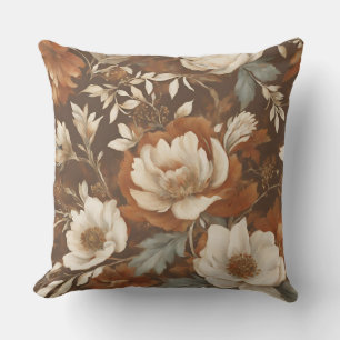 Braun Orange Blau Creme Blumenmuster Kissen