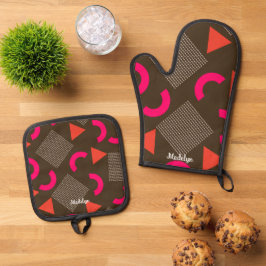 Braun Orange Geometrischer Personalisierter Name  Ofenhandschuh & Topflappen-Set