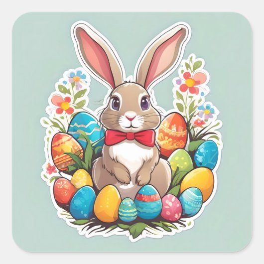 Braun Osterhase mit Eieraufkleber. Quadratischer Aufkleber (Vorderseite)