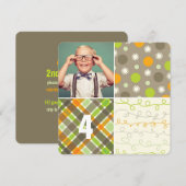Braun Patchwork Muster Quadrate Junge Foto Geburts Einladung (Vorne/Hinten)