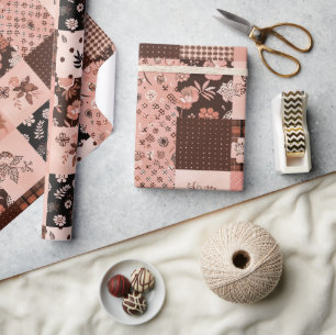 Braun Rosa Quilt Gingham Cottagecore Floral Geschenkpapier