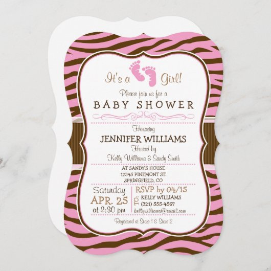 Braun, rosa Zebra Streifen Tierdrucken Babydusche Einladung (Vorne/Hinten)
