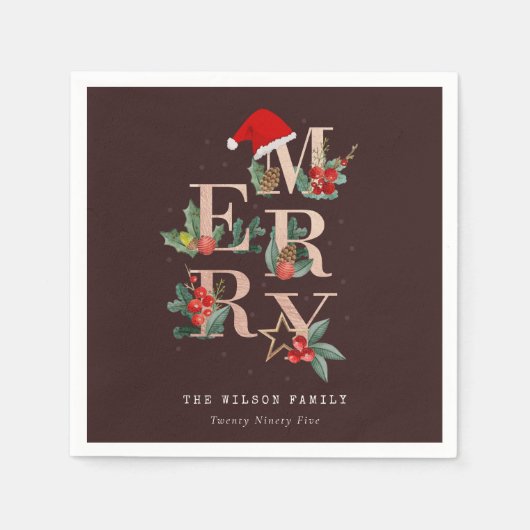 Braun Rose Gold Rot Grün Frohe Weihnachtsfolien Serviette (Vorderseite)