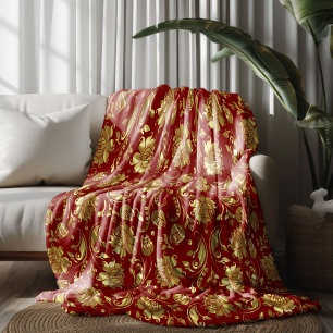 Braun-rot & Glänzendes Gold Damast-Muster Fleecedecke