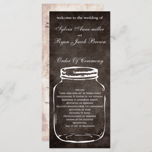 Braun rustikale Mason Jar Hochzeitsprogramm Programm (Vorne/Hinten)