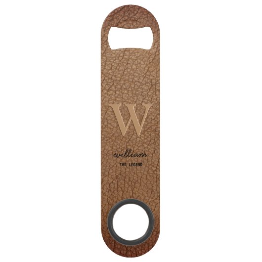 Braun rustikales Leder Monogram Stilschrift Name Speed Flaschenöffner (Vorderseite)