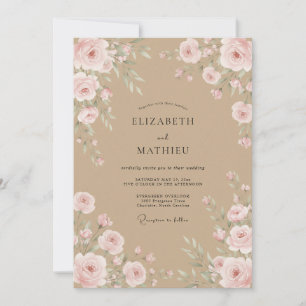 Braun Sanft Rosa Ranunculus Eukalyptus Hochzeit Einladung