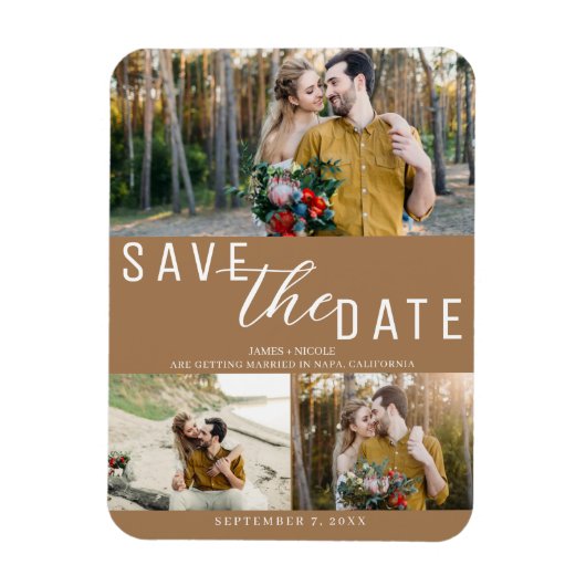 Braun Save the Date Hochzeit 3 Fotos Magnet (Vertikal)