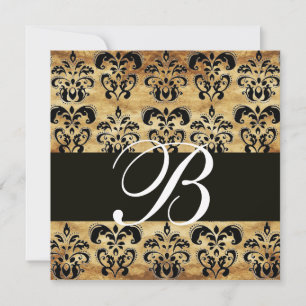 BRAUN SCHWARZER DAMAST PARCHMENT MONOGRAMM, weiß Einladung