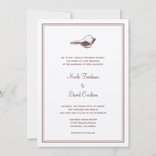 Braun seashell einfache Eleganz Hochzeitsfeier Einladung (Vorderseite)