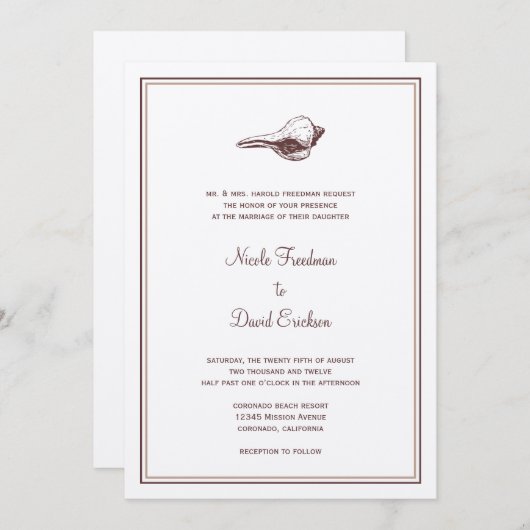 Braun seashell einfache Eleganz Hochzeitsfeier Einladung (Vorne/Hinten)