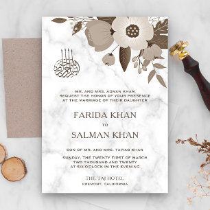 Braun Sepia Blumen Hochzeit Weißer Marmor Islamisc Einladung