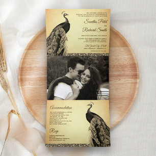 Braun Sepia Indischer Pfau Hochzeit im rustikalen  Dreifach Gefaltete Einladung