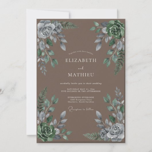 Braun-silbrige Hochzeit mit Blättern Einladung (Vorderseite)
