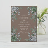 Braun-silbrige Hochzeit mit Blättern Einladung (Stehend Vorderseite)