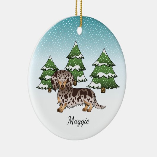 Braun & Tan Daple Langhaar Dackel im Winter Keramik Ornament (Rechts)