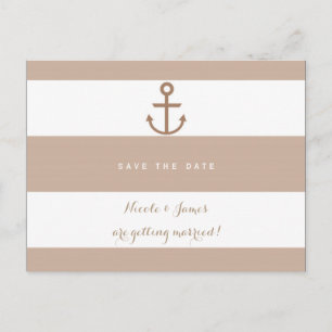 Braun Taupe & Weiß gestreifter Anker Save The Date Ankündigungspostkarte