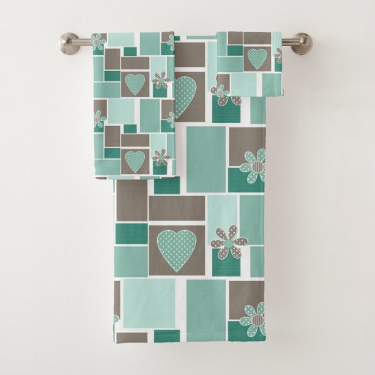 Braun Türkis Patchwork aus quadratischen Flicken Badhandtuch Set (Insitu)