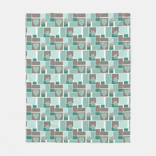 Braun Türkis Patchwork aus quadratischen Flicken  Fleecedecke (Vorderseite)